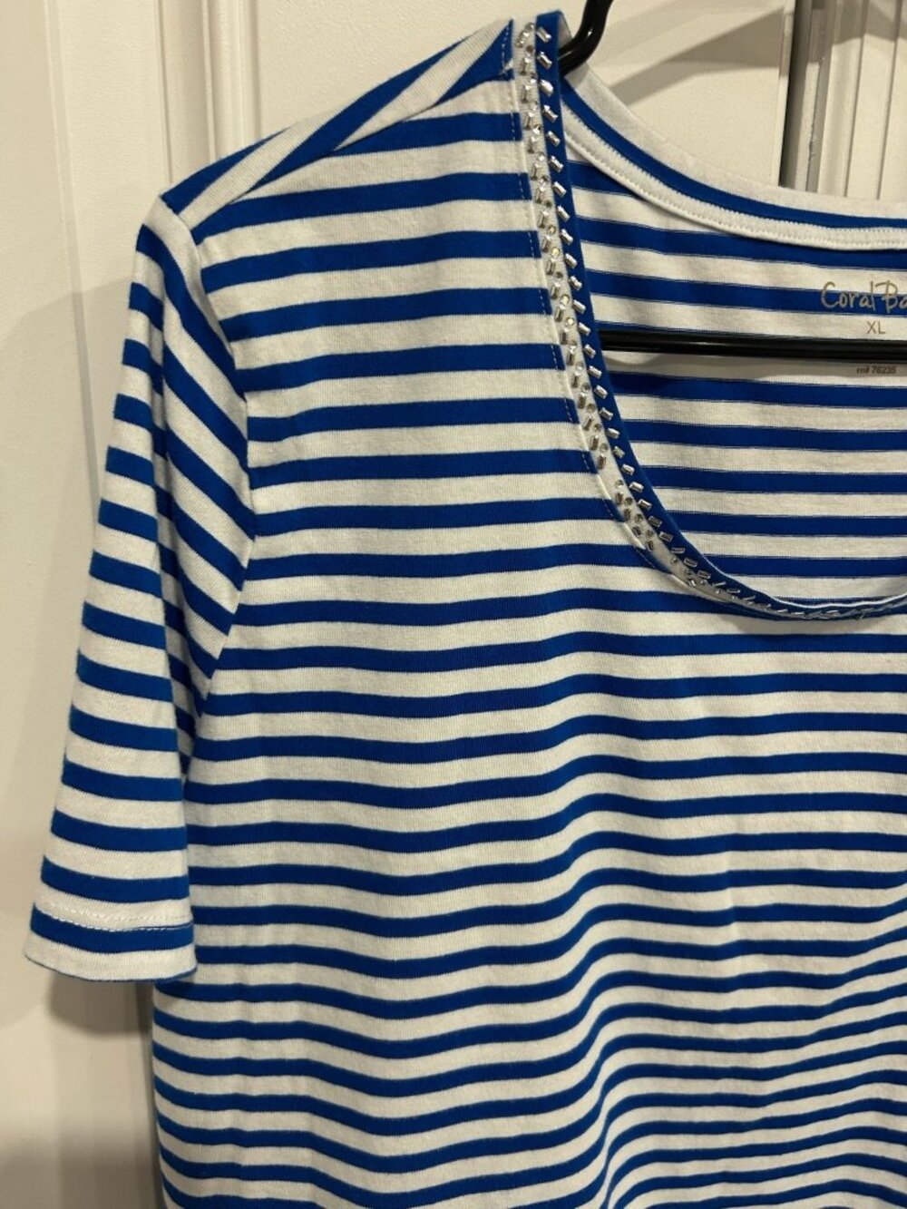 Coral Bay XL Blue White Striped Embellished Scoop Neck Tee Boho Chic Soft Girl - Picture 4 of 11